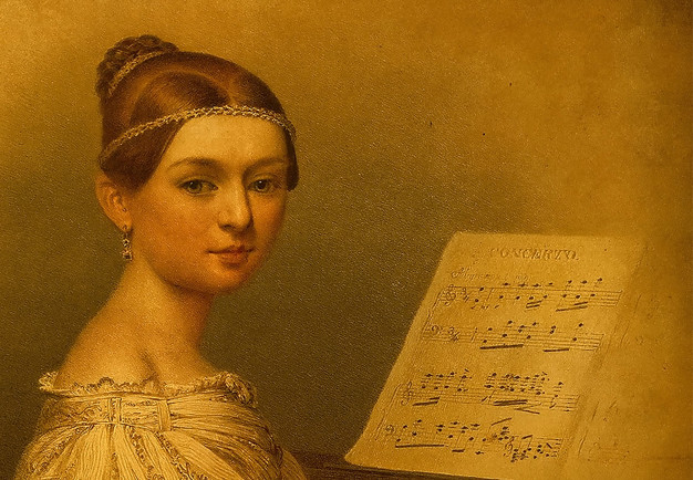 Illustration av ung kvinna vid piano.